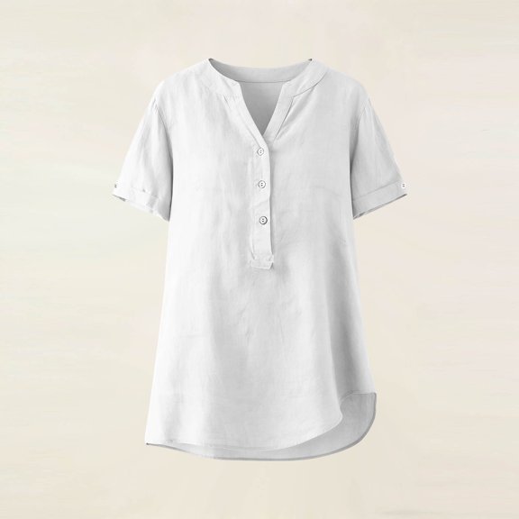 PFRNLF Cotton Linen Tops for Women Summer Button Down V Neck Casual T Shirts Short Sleeve Dressy Tees