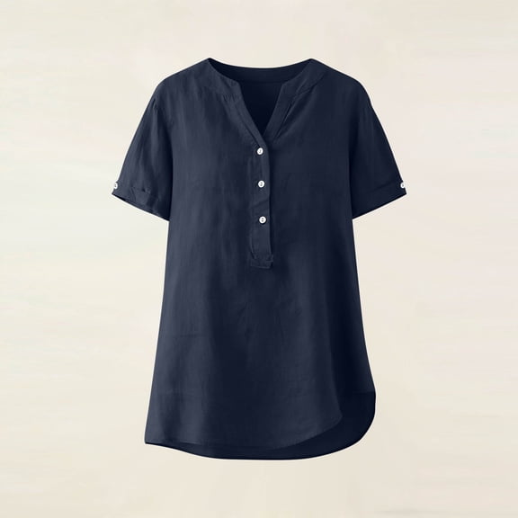 PFRNLF Cotton Linen Tops for Women Summer Button Down V Neck Casual T Shirts Short Sleeve Dressy Tees