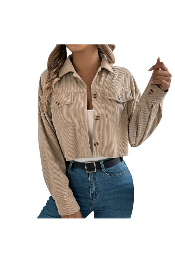 Cropped Corduroy Jackets for Women Fall Casual Button Down Long Sleeve Crop Shacket Jacket
