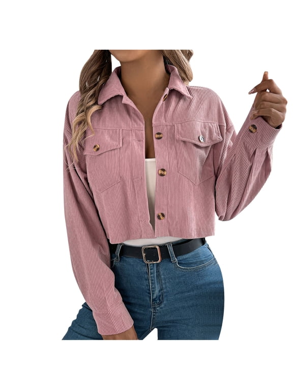 Cropped Corduroy Jackets for Women Fall Casual Button Down Long Sleeve Crop Shacket Jacket