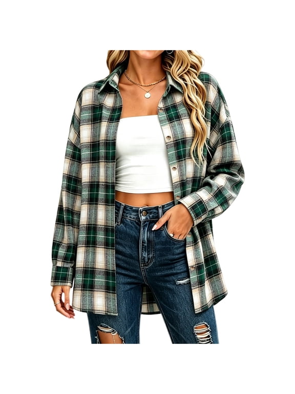 Flannel Plaid Shirts for Women Casual Loose Fit Long Sleeve Button Down Tops