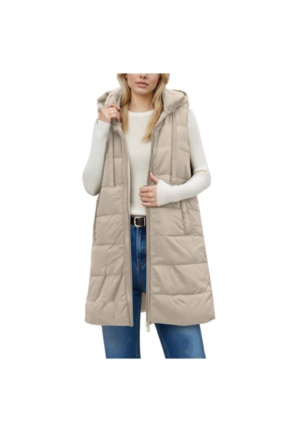 Long Puffer Vest for Women Winter Sleeveless Puffy Jacket Casual Quilted Hooded Warm Outerwear