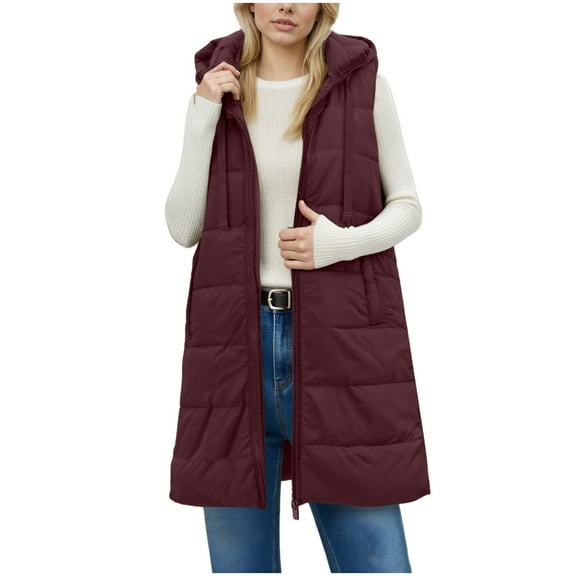 PFRNLF Long Puffer Vest for Women Winter Sleeveless Puffy Jacket Casual Quilted Hooded Warm Outerwear
