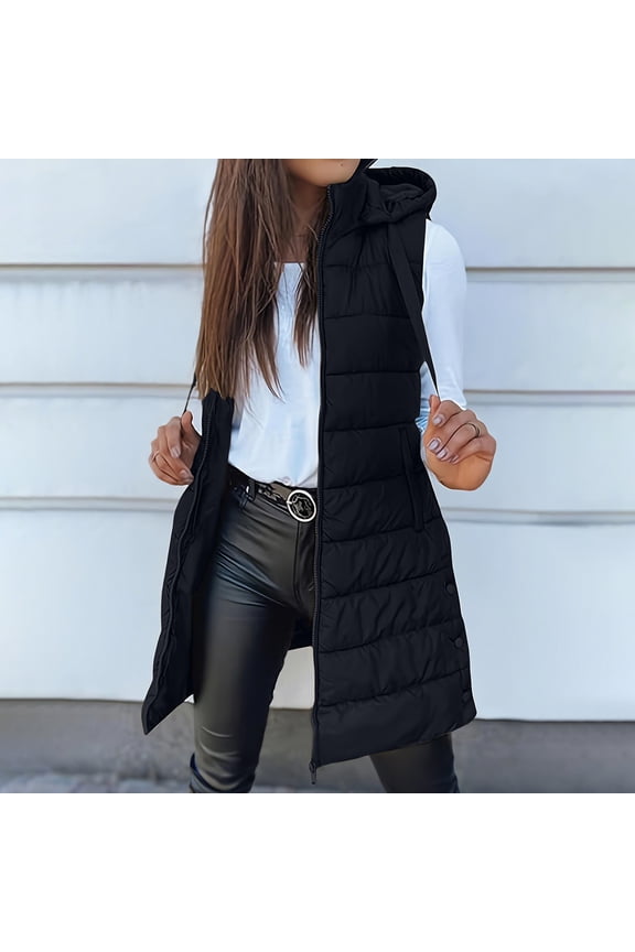 Long Puffer Vest for Women Winter Sleeveless Puffy Jacket Casual Quilted Hooded Warm Outerwear