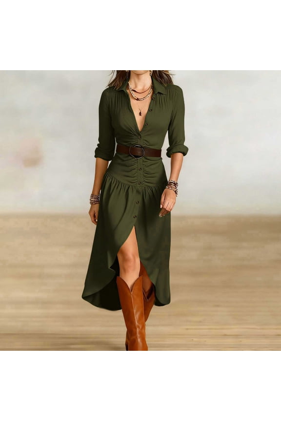Long Sleeve Dresses for Women Casual Button Down V Neck A-Line Flowy Dress with Belt