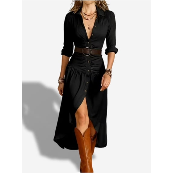 PFRNLF Long Sleeve Dresses for Women Casual Button Down V Neck A-Line Flowy Dress with Belt