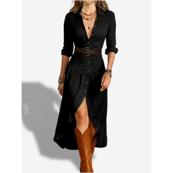 PFRNLF Long Sleeve Dresses for Women Casual Button Down V Neck A-Line Flowy Dress with Belt