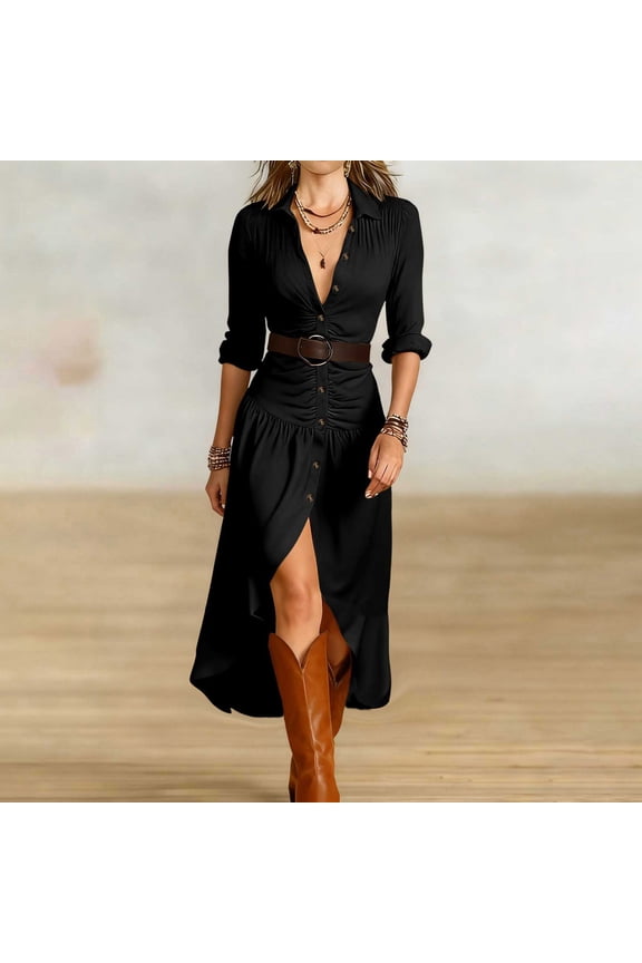 Long Sleeve Dresses for Women Casual Button Down V Neck A-Line Flowy Dress with Belt