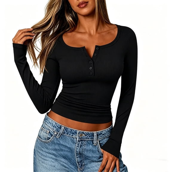 PFRNLF Long Sleeve Shirts for Women Fall Casual Slim Fit Ribbed Knit Button Henley Tops