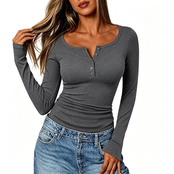 PFRNLF Long Sleeve Shirts for Women Fall Casual Slim Fit Ribbed Knit Button Henley Tops