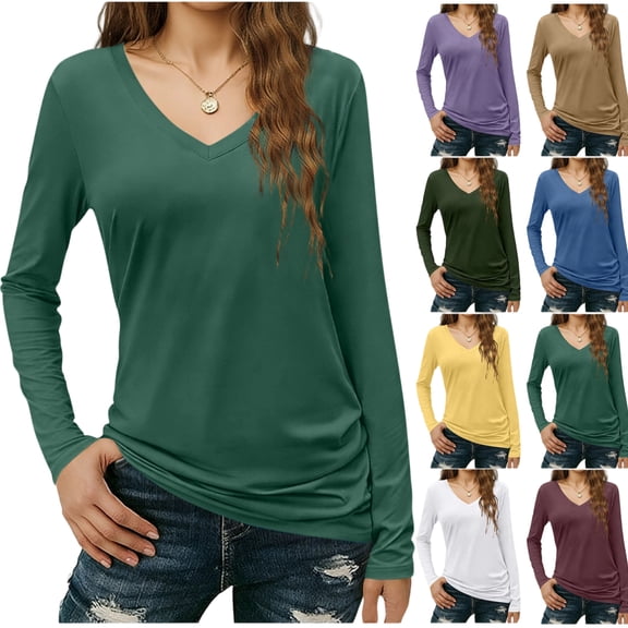 PFRNLF Long Sleeve Tops for Women No Boundaries V Neck Cotton Basic Tee Soft Breathable Casual T Shirts