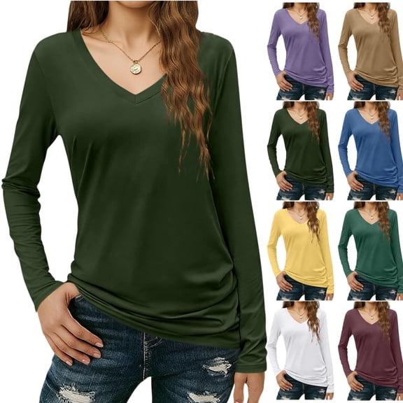PFRNLF Long Sleeve Tops for Women No Boundaries V Neck Cotton Basic Tee Soft Breathable Casual T Shirts