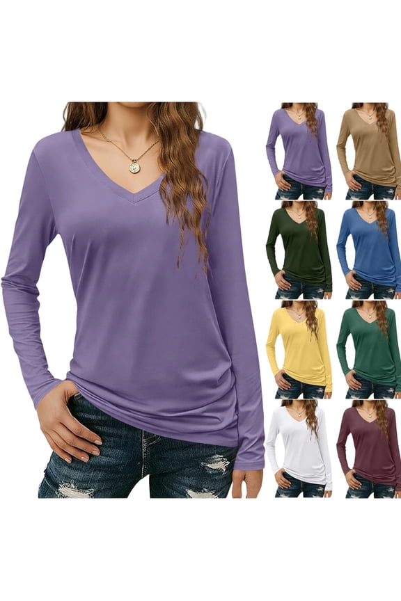 Long Sleeve Tops for Women V Neck Cotton Basic Tee Soft Breathable Casual T Shirts