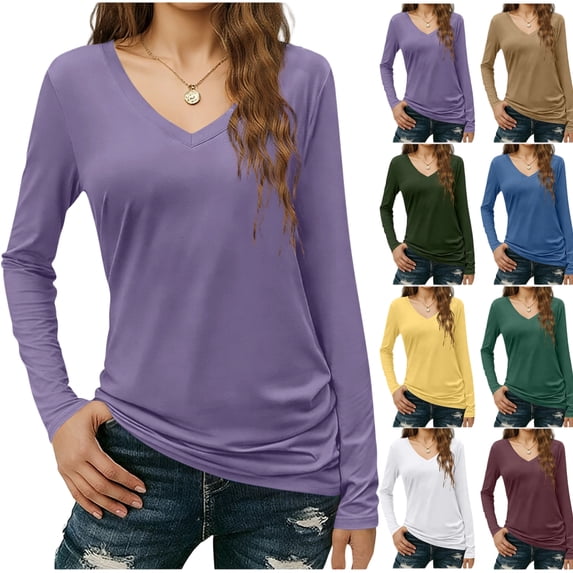 PFRNLF Long Sleeve Tops for Women V Neck Cotton Basic Tee Soft Breathable Casual T Shirts