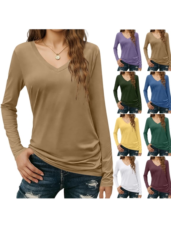 Long Sleeve Tops for Women V Neck Cotton Basic Tee Soft Breathable Casual T Shirts