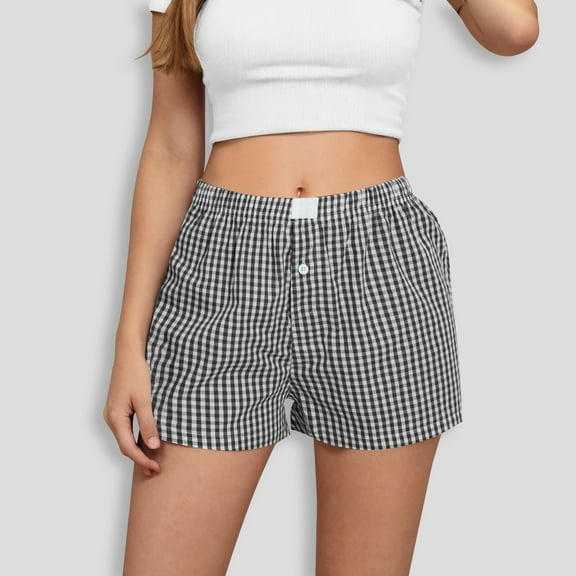 PFRNLF Lounge Shorts for Women Soft Elastic Plaid Print Button Front Pajama Bottoms Boxer Shorts Sleepwear