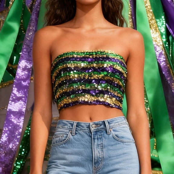 PFRNLF Mardi Gras Clothing,Womens Sequin Tube Top Stretchy Party Sparkly Sleeveless Crop Tops