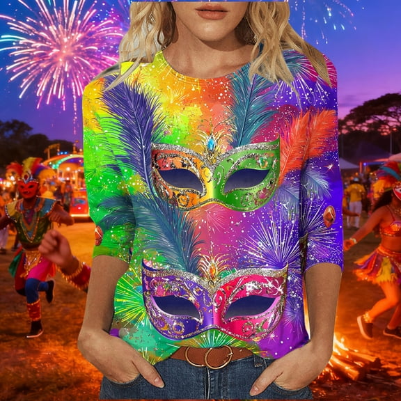 PFRNLF Mardi Gras Clothing for Women,Fashion Women's Casual Printed Round Neck 3/4 Sleeve T-shirt Fashionable Blouse Tops