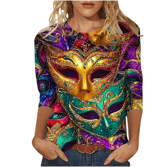 PFRNLF Mardi Gras Clothing for Women,Women's Fashion Carnival Printed T-shirt 3/4 Sleeves Blouse Round Neck Casual Top