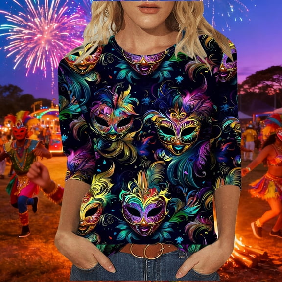 PFRNLF Mardi Gras Shirts Women,Fashion Women's Casual Printed Round Neck 3/4 Sleeve T-shirt Fashionable Blouse Tops