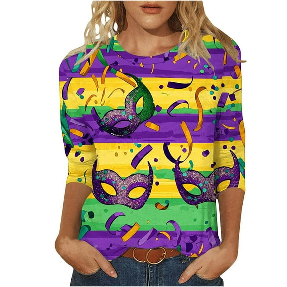 PFRNLF Mardi Gras Shirts for Women,Women's Fashion Carnival Printed T-shirt 3/4 Sleeves Blouse Round Neck Casual Top