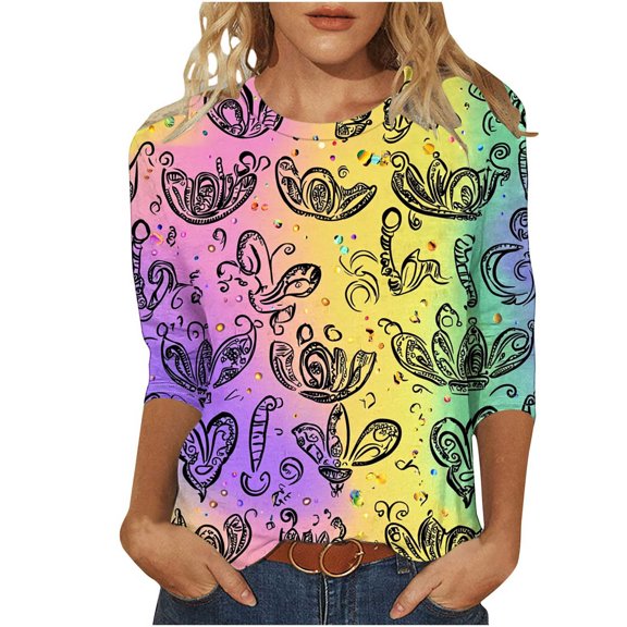 PFRNLF Mardi Gras Shirts for Women,Women's Fashion Carnival Printed T-shirt 3/4 Sleeves Blouse Round Neck Casual Top