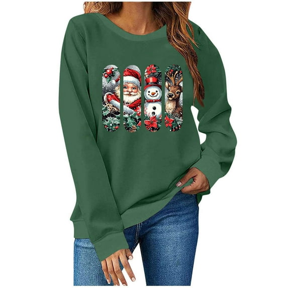 PFRNLF Christmas Sweatshirts for Women Vintage Cute Print Fleece Crewneck Christmas Long Sleeve Tops