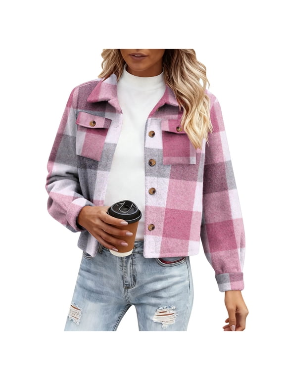 Flannels for Women Cropped Shacket Jacket Fashion Plaid Button Down Shirt Fall Coat Tops