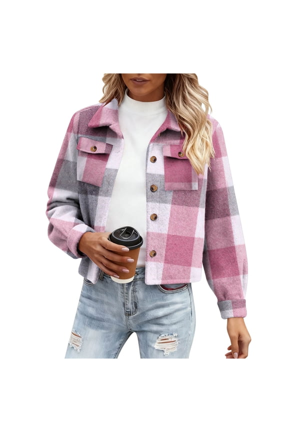 Flannels for Women Cropped Shacket Jacket Fashion Plaid Button Down Shirt Fall Coat Tops