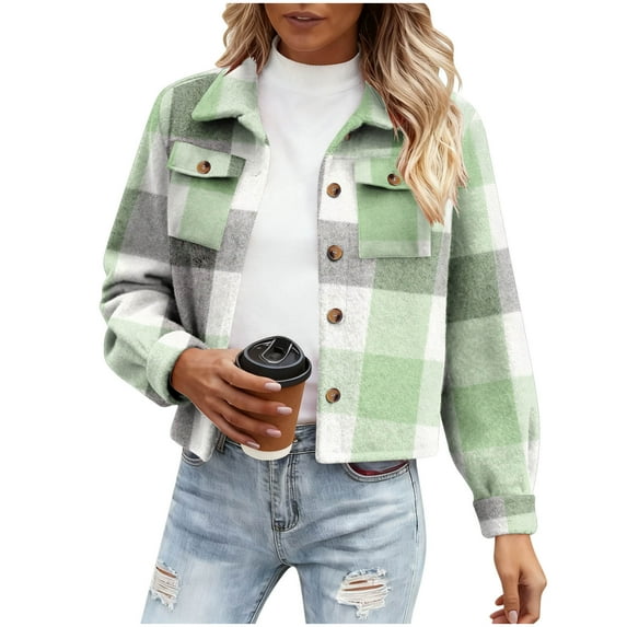 PFRNLF Flannels for Women Cropped Shacket Jacket Fashion Plaid Button Down Shirt Fall Coat Tops