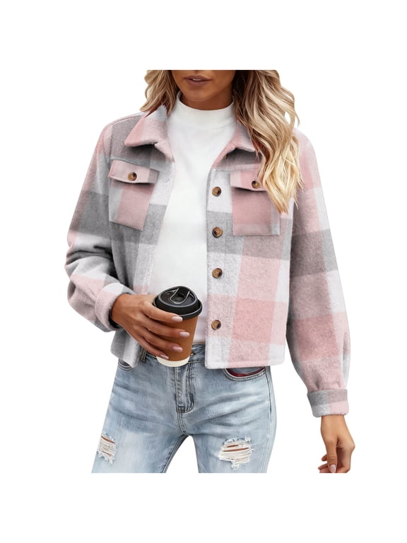 Flannels for Women Cropped Shacket Jacket Fashion Plaid Button Down Shirt Fall Coat Tops