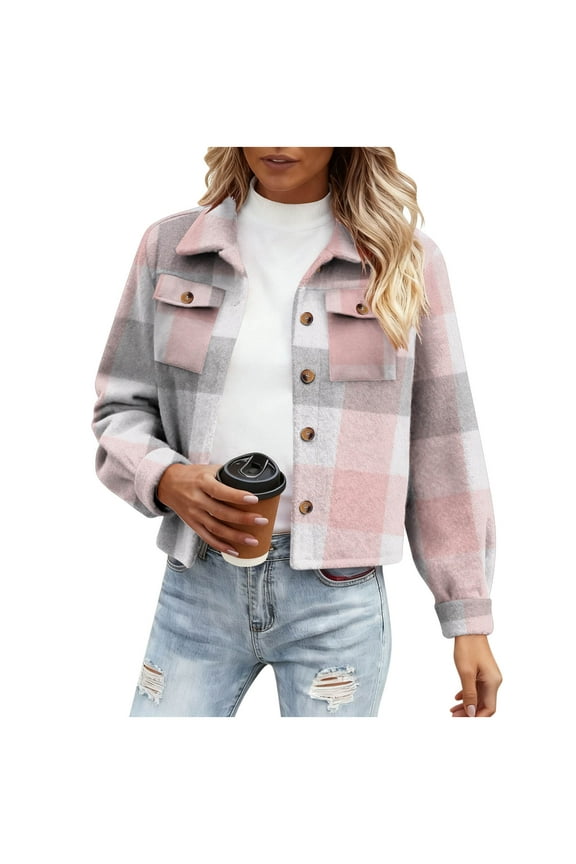 Flannels for Women Cropped Shacket Jacket Fashion Plaid Button Down Shirt Fall Coat Tops