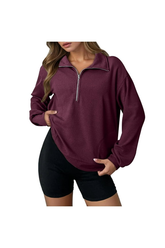 Half Zip Sweatshirts Womens Comfy Long Sleeve Waffle Knit Pullover Tops,Sizes S-2XL