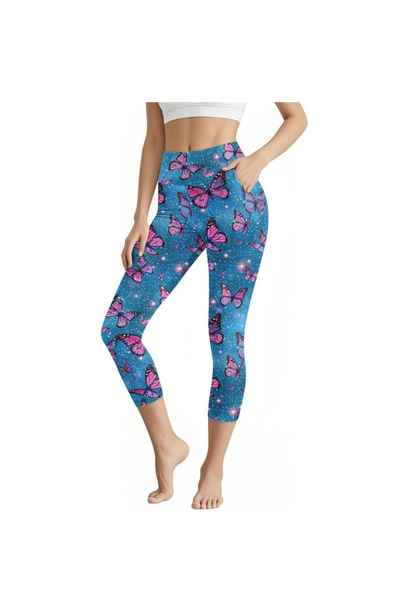 High Waisted Leggings for Women Full Length Butterfly Print Capri Buttery Soft Yoga Pants