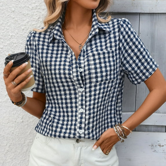 PFRNLF Plaid Button Down Shirts for Women Summer V Neck Collared Casual Short Sleeve Tops