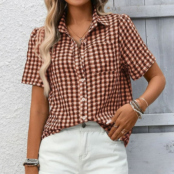 PFRNLF Women's Plaid Button Down Shirts Summer V Neck Collared Casual Short Sleeve Tops