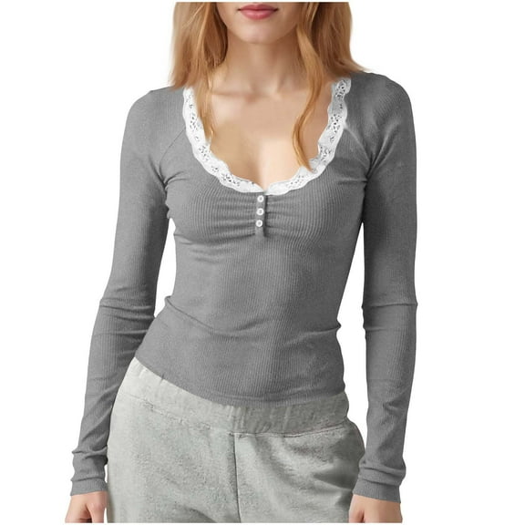 PFRNLF Ribbed Knit T Shirts for Women Fall Casual Button Henley Basic Slim Fit Long Sleeve Tops
