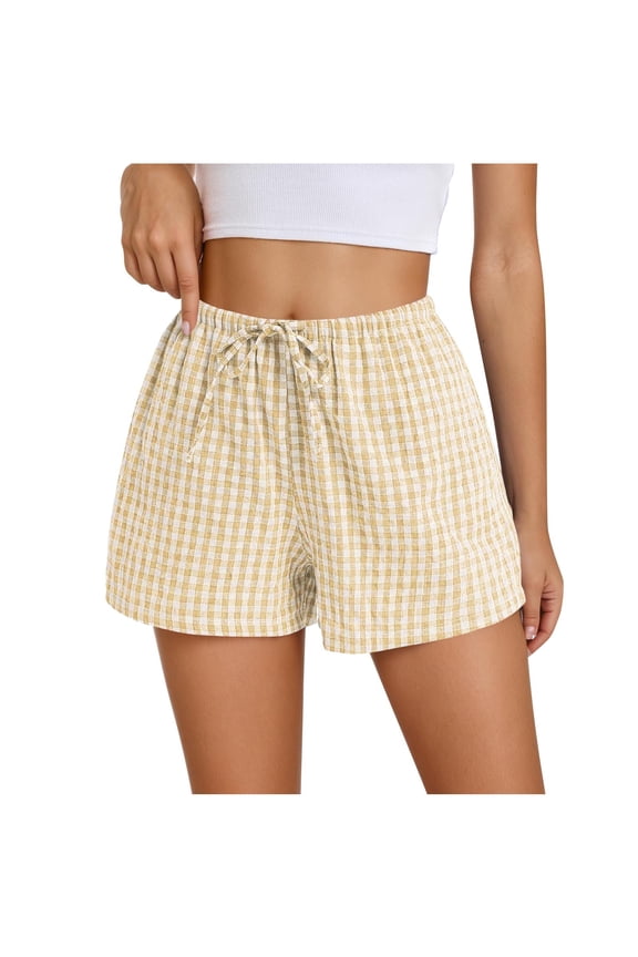 Women's Plaid Shorts Summer Beach Casual Cute Soft Elastic High Waist Lounge Shorts