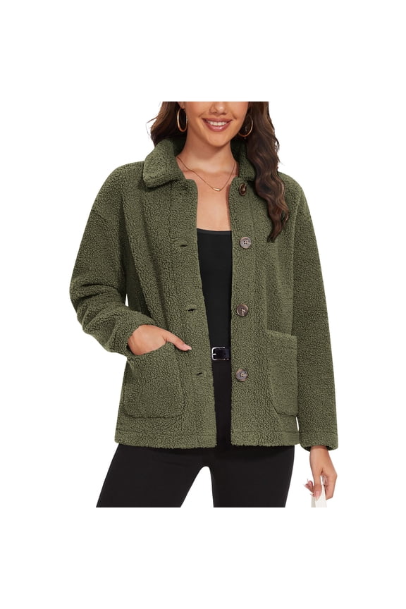 Womens Sherpa Jacket Winter Casual Warm Fleece Jackets Long Sleeve Button Lapel Fuzzy Coats