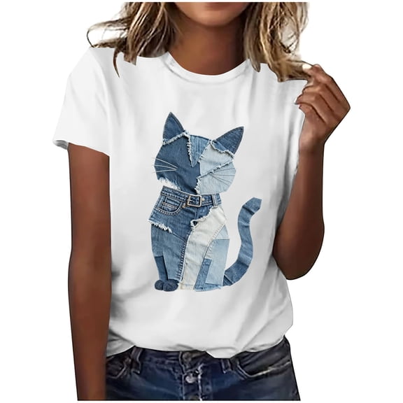 PFRNLF No Boundaries Womens T Shirts Loose Short Sleeve Graphic Tees Crew Neck Denim Print Summer Tops