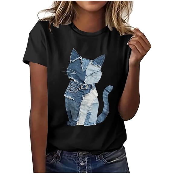 PFRNLF No Boundaries Womens T Shirts Loose Short Sleeve Graphic Tees Crew Neck Denim Print Summer Tops