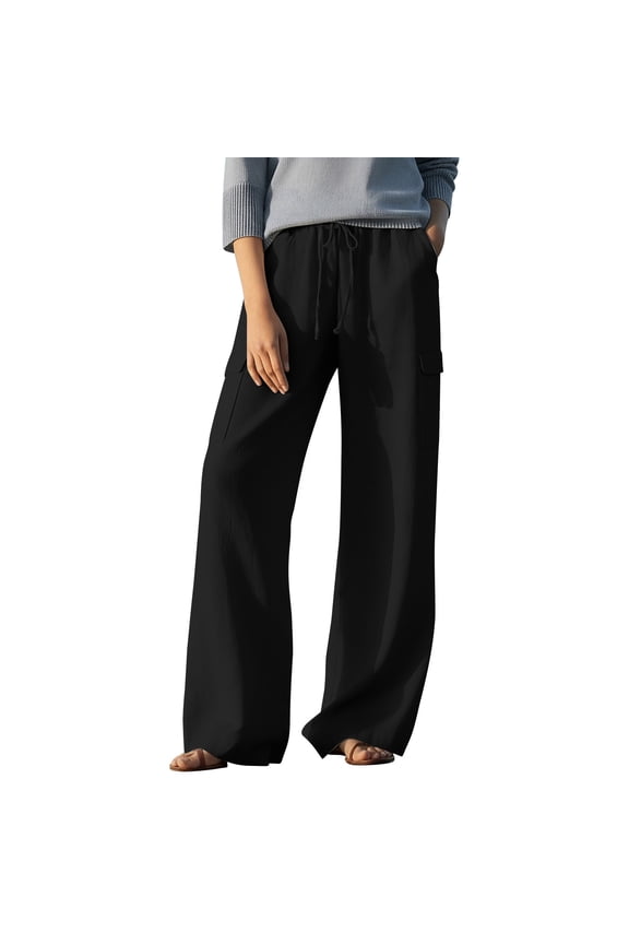 Pants for Women Summer Wide Leg Cargo Linen Pants Comfy Beach Casual Pants with Pockets