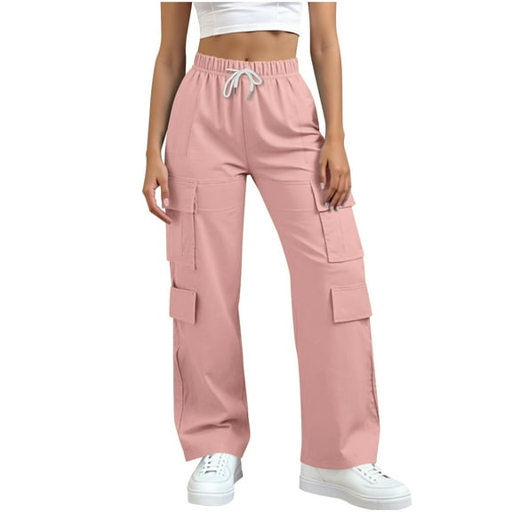 PFRNLF Pants for Womens Casual Elastic High Waisted Cargo Pants Straight Leg Drawstring Trousers