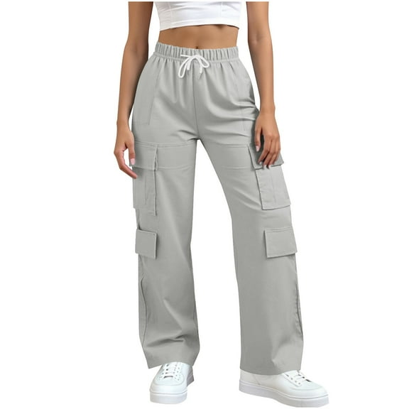 PFRNLF Pants for Womens Casual Elastic High Waisted Cargo Pants Straight Leg Drawstring Trousers