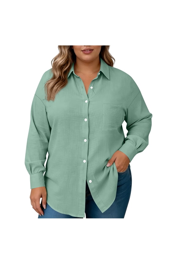 Plus Size Button Down Shirts for Women Summer Long Sleeve Collared Tops Business Work Office Blouse