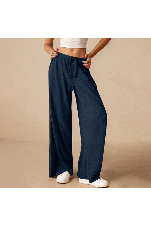 Ribbed Knit Pants for Women Elastic High Waist Drawstring Straight Leg Long Pants Casual Trousers with Pockets