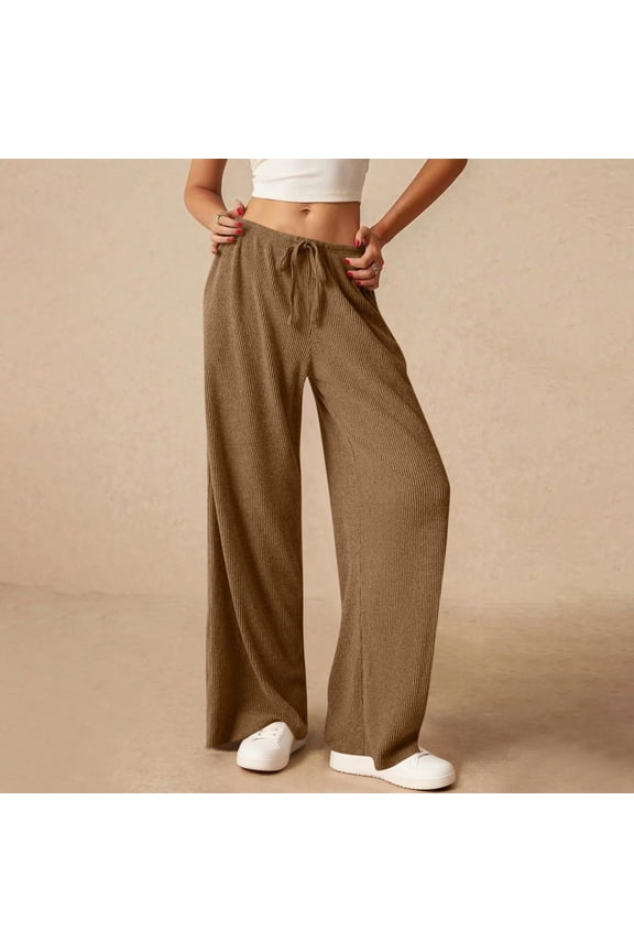 Ribbed Knit Pants for Women Elastic High Waist Drawstring Straight Leg Long Pants Casual Trousers with Pockets