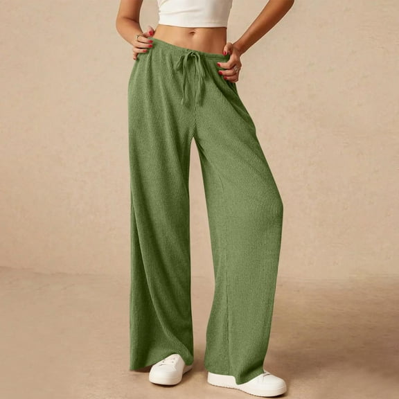 PFRNLF No Boundaries Ribbed Knit Pants for Women Elastic High Waist Drawstring Straight Leg Long Pants Casual Trousers with Pockets