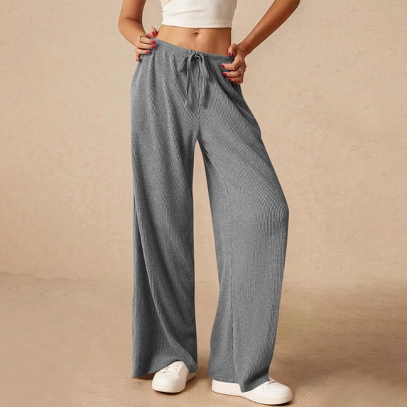 PFRNLF Ribbed Knit Pants for Women Elastic High Waist Drawstring Straight Leg Long Pants Casual Trousers with Pockets
