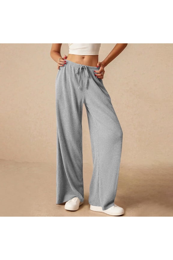 Ribbed Knit Pants for Women Elastic High Waist Drawstring Straight Leg Long Pants Casual Trousers with Pockets